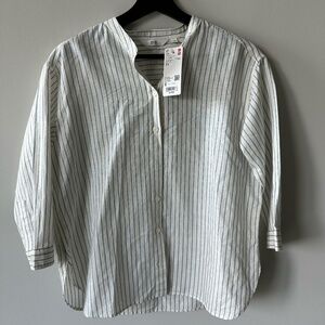 NWT Uniqlo Linen Blend Band Collar Striped 3/4-Sleeve Shirt